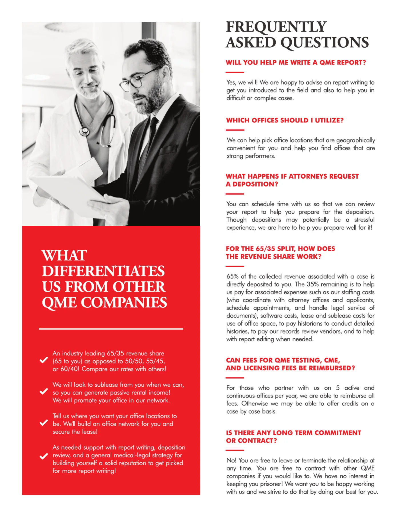 Virtue Med-Legal flier — what differentiates us from other QME companies, with FAQ